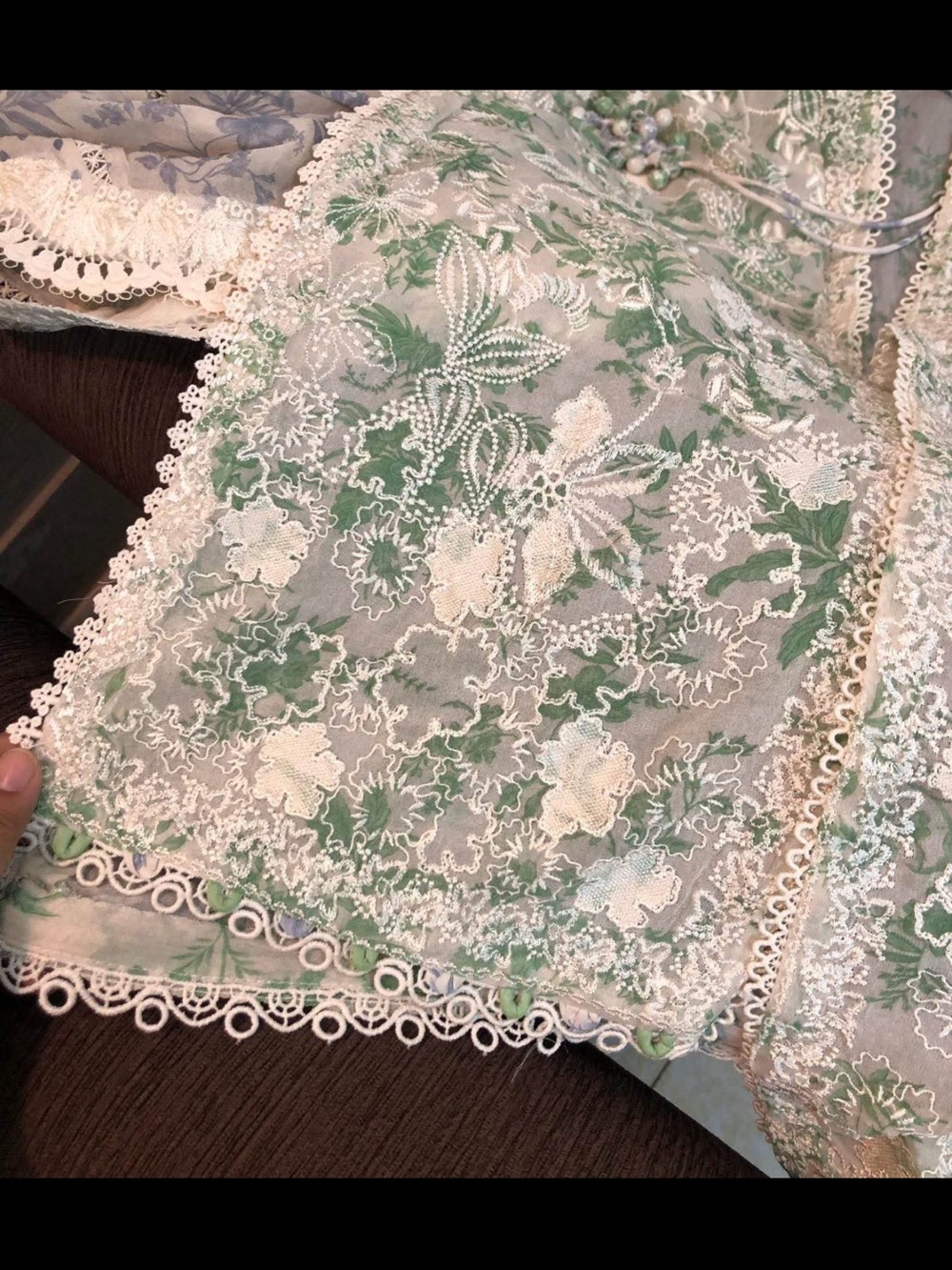 Embroidered Maxi Dress with Scalloped Lace Cape in Light Sage - Picture 9 of 12